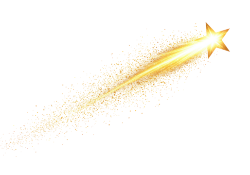 Isolated Shooting Star Trail with Golden Sparkles and Particles