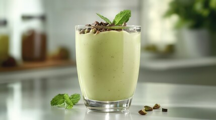 Refreshing pistachio and cocoa smoothie, light green color, garnished with a few cocoa nibs and mint, bright and clean kitchen setup