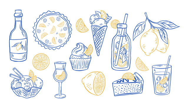 Hand drawn Amalfi Italian lemon drink and dessert vector illustration. Set of lemons, lemoncello, lemonade, gelato, ice cream, cheesecake, cake, pie in doodle style.