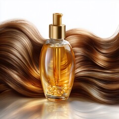 Reflected golden serum with hair care elegant hair oil and smooth hair in golden reflection , glossy glass holds hair care elegant hair oil and smooth hair , luxury product of hair care elegant 