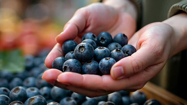 AI Generative Woman buying blueberry at the market, close-up of hands, berries display emporium