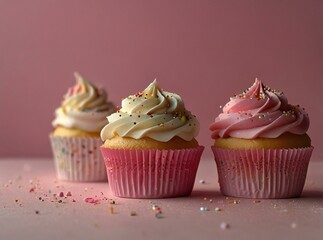Three delicious cupcakes with swirled frosting and sprinkles on a pink background