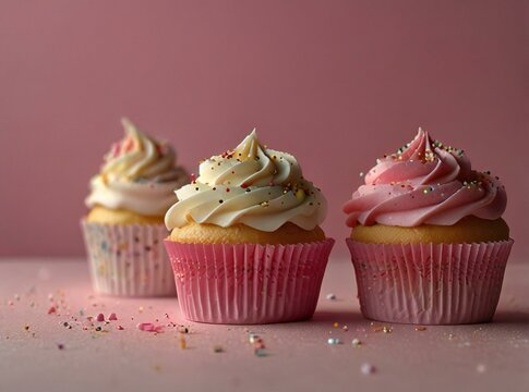 Three delicious cupcakes with swirled frosting and sprinkles on a pink background