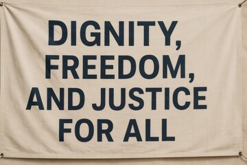 Banner displaying powerful message advocating for dignity, freedom, and justice. Emphasizes equality and unity in society