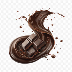 realistic 3d chocolate fluid splash flow with drops, bubbles  in curve style isolated on transparent background