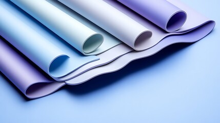 Colorful rolls of paper arranged in a gradient of blue tones