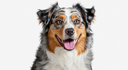 Fototapeta premium Charming Australian Shepherd's Playful Portrait: A Smiling Canine Companion Radiating Joy and Happiness, Captured in a Studio Setting, Isolated on Clean White Background