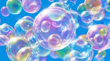 Colorful soap bubbles against a vibrant blue sky