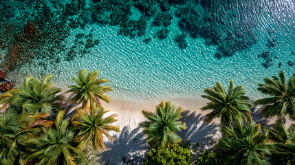 Aerial view of tropical beach with palm trees and turquoise ocean water