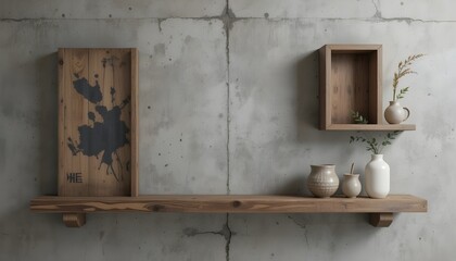 Rustic Concrete Wall Paired with Wooden Shelf Decor