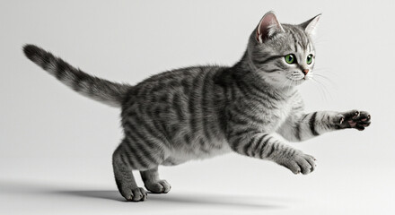 Energetic Silver Tabby Kitten in Mid-Air: A Captivating Display of Agility and Playfulness on a Neutral Backdrop Emphasizing Natural Charm