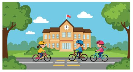 Fototapeta premium Children Biking to School Illustration Safe Routes to School Concept with Kids on Bicycles