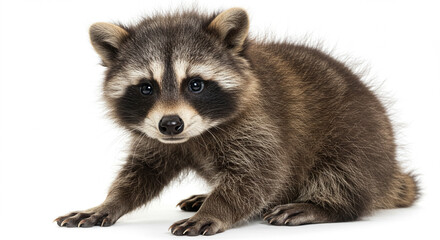 Fototapeta premium Captivating Studio Portrait of an Adorable Juvenile Raccoon Expressing Curiosity on a Clean White Backdrop Delivering Wildlife Charm