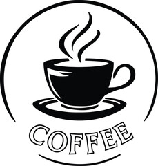 Obraz premium Coffee House Logo Illustration Minimalist Circular Silhouette Featuring Steaming Mug Saucer and COFFEE Text for Beverage and Café Branding Graphics