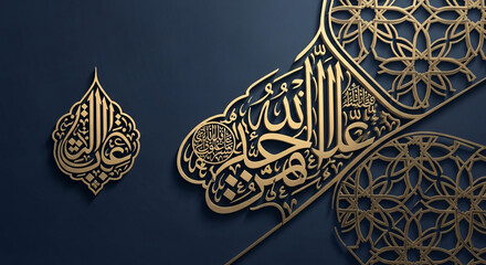 Elegant golden Arabic calligraphy adorns a deep blue background with intricate geometric patterns, evoking a sense of tradition and art.