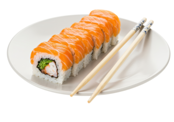 Isolated Salmon Sushi Roll with Chopsticks Culinary Delight