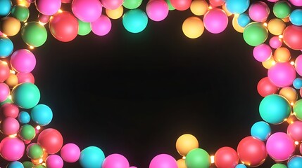 Colorful spheres frame a black background