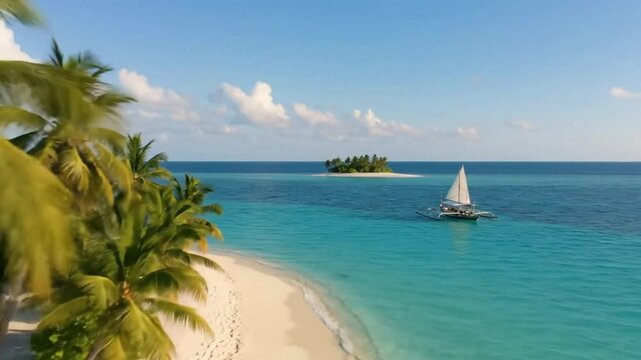 Turquoise sea view with a boat sailing towards a distant island framed by a palmlined beach under a bright partly cloudy sky