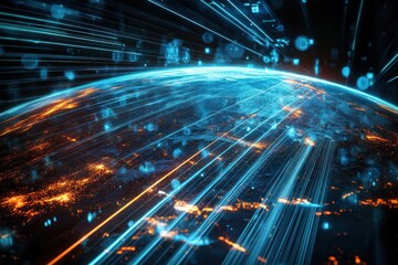 Abstract composite of Earth covered in light trails, symbolizing global communication