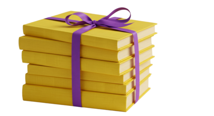 Yellow books tied with violet ribbon isolated PNG