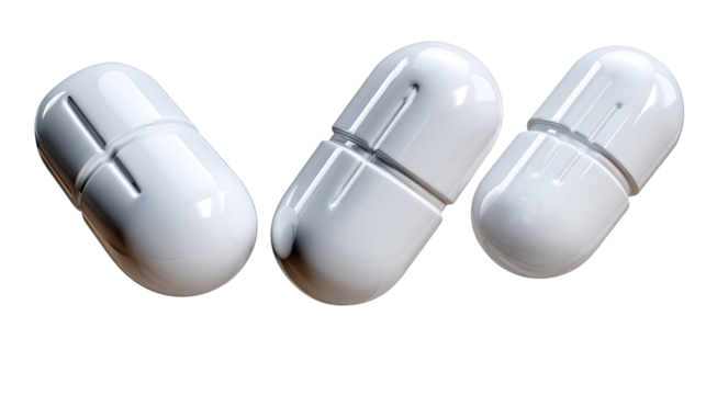 Capsules of Wellness: Three pristine white capsules rest, each a potent symbol of healthcare and scientific progress. These capsules represent medicine's promise.