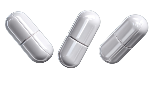 Capsule Medicine:  Isolated shot showcasing three glossy white capsules, highlighting the simplicity of medical relief and health