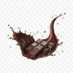 realistic 3d chocolate fluid splash flow with drops, bubbles  in curve style isolated on transparent background