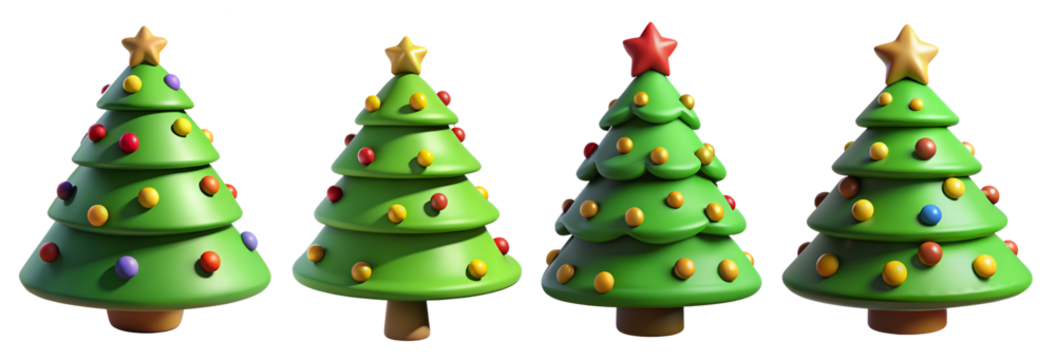 Four cartoon-style Christmas trees display vibrant colors and playful ornaments. Each tree features a distinct star on top, embodying the festive spirit of the holiday season.
