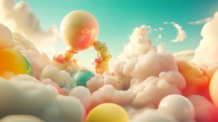 Colorful spheres on fluffy clouds in a vibrant sky