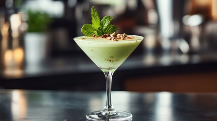 Smooth pistachio drink with herbal extracts, pastel green, garnished with mint and a sprinkle of nuts, modern kitchen setting