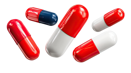 Pharmaceutical Capsules Close-up: A vibrant close-up captures an array of red and blue pharmaceutical capsules, each distinct in color and form, offering a visual representation of health, medicine.