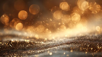 Golden glitter bokeh light dust with sparkling festive christmas particles background