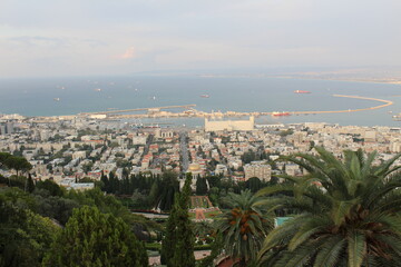 Panoramic View of Haifa and the Baháʼí Gardens with Mediterranean Sea 