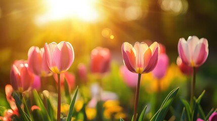Portrait of tulips flowers with sunshine in the background