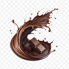 realistic 3d chocolate fluid splash flow with drops, bubbles  in curve style isolated on transparent background