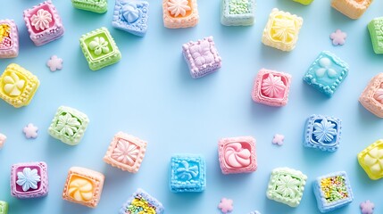 Colorful square candies arranged on a light blue background