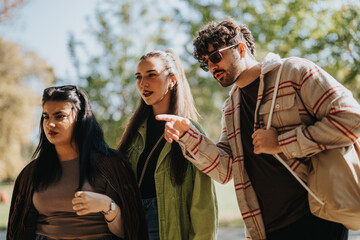 Group of friends enjoying a walk in a park on a sunny day. They appear relaxed and engaged,...