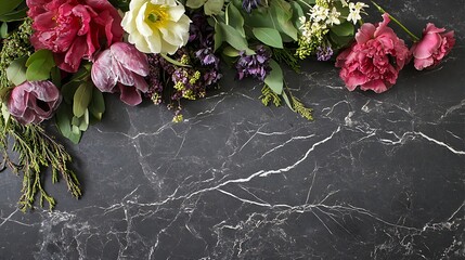 Colorful spring flowers arranged on dark marble