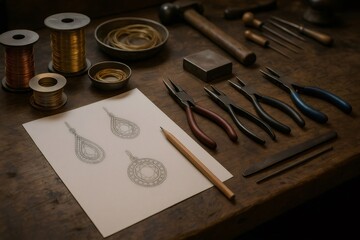 Artisan workshop showcasing jewelry design process with tools, wire spools, and sketched earring designs on a wooden table