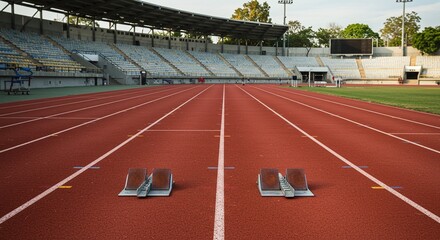 Empty Red Running Track in Outdoor Stadium with Starting Blocks and Spectator Stands