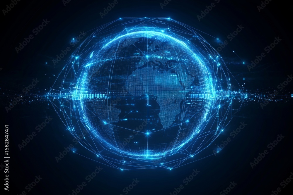 Poster futuristic global network visualization with glowing dots and lines forming a digital earth.
