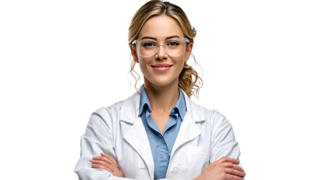 Confident Scientist: A portrait of a female scientist, radiating intelligence and composure, stands with crossed arms, embodying expertise and professionalism in the realm of science.