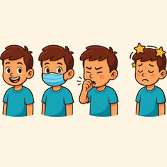 Childhood Wellness: Depicting a child's journey through various stages of health and illness. The illustration captures the emotional shifts, from jovial health to the discomfort of sickness.
