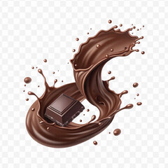 realistic 3d chocolate fluid splash flow with drops, bubbles  in curve style isolated on transparent background