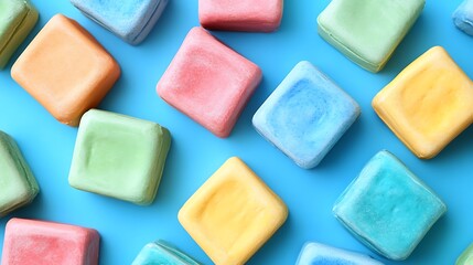 Colorful square candies on a blue background