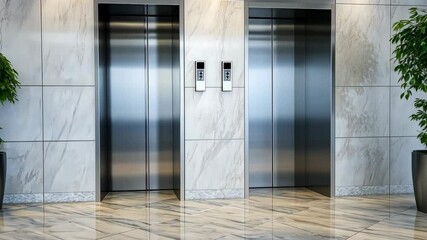 A stylish elevator lobby showcases polished marble floors and elegant plants, creating a contemporary and welcoming atmosphere