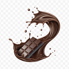 realistic 3d chocolate fluid splash flow with drops, bubbles  in curve style isolated on transparent background