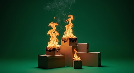Burning Fire on Cardboard Boxes on Green Background
