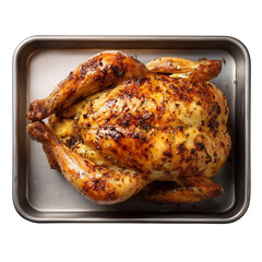 Golden Roasted Chicken on a Silver Baking Tray Appetizing Culinary Delight Exuding Warmth and Flavorsome Goodness for a Festive Meal