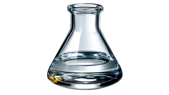 Lab Flask Elegance: A pristine Erlenmeyer flask, meticulously crafted from clear glass, containing a pure, transparent liquid that shimmers with subtle reflections.